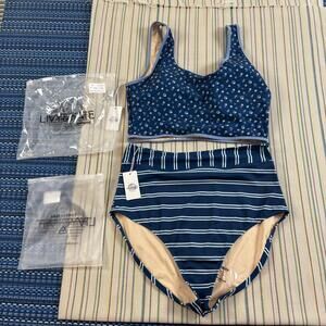 Livy & Kate Swimsuit Womens XL Blue Floral Stripe Tankini 2 Piece High Waist